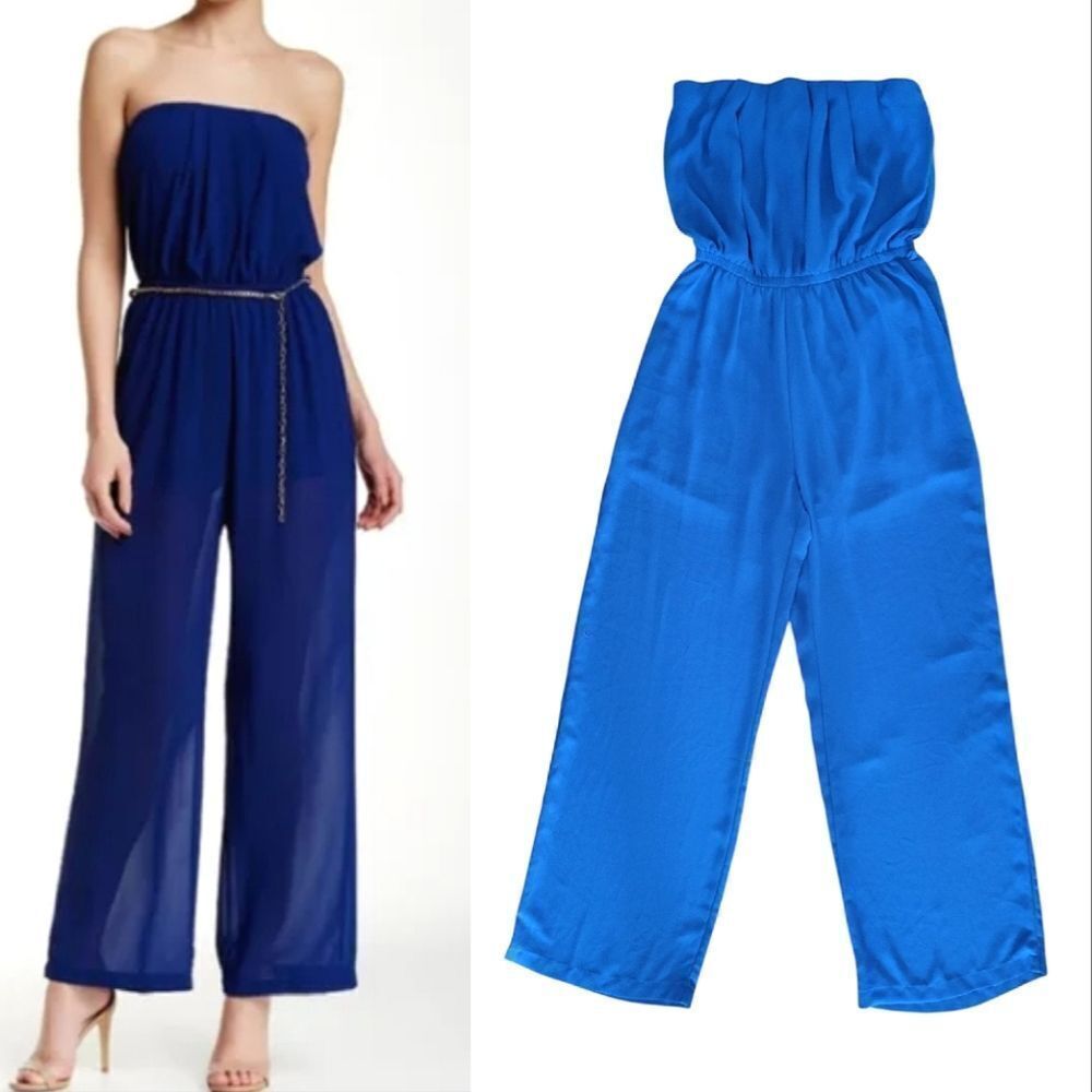 IRIS Blue Strapless High Rise Sheer Wide Leg Jumpsuit Large